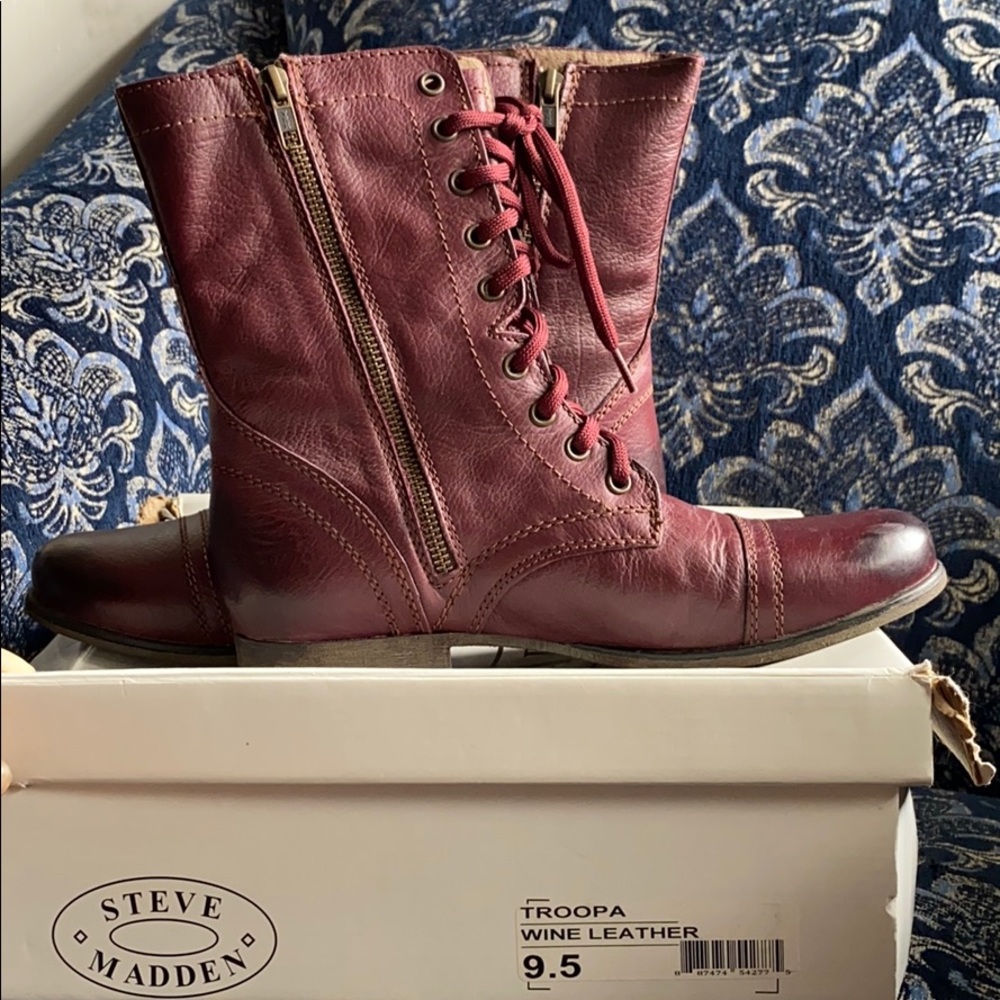 Steve Madden Troopa Wine Leather Combat Boots